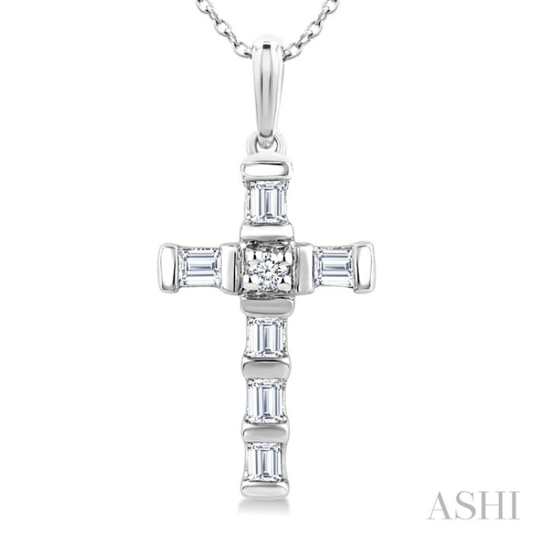 1/20 Ctw Baguette and Round Cut Diamond Cross Shape Fashion Pendant With Chain in 10K White Gold