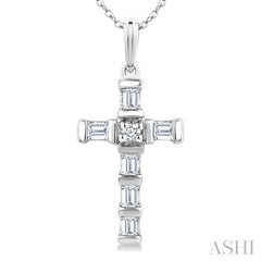 1/20 Ctw Baguette and Round Cut Diamond Cross Shape Fashion Pendant With Chain in 10K White Gold
