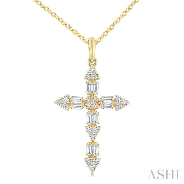 1/3 Ctw Baguette and Round Cut Diamond Geometric Cross Charm Fashion Pendant With Chain in 14K Yellow Gold