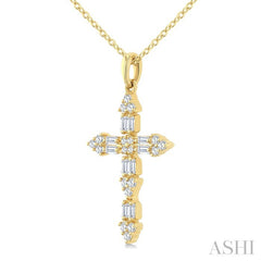 1/3 Ctw Baguette and Round Cut Diamond Geometric Cross Charm Fashion Pendant With Chain in 14K Yellow Gold
