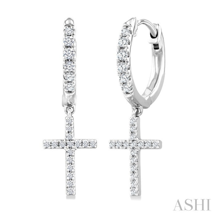 1/3 Ctw Round Cut Diamond Cross Charm Petite Fashion Huggie Earrings in 14K White Gold