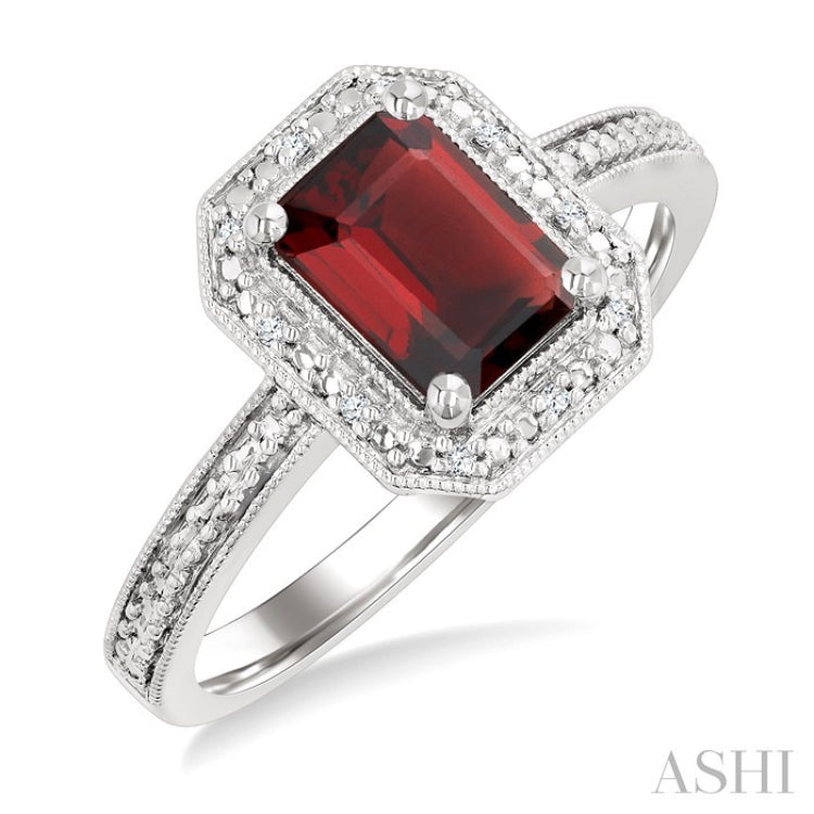 7X5 MM Octagon Shape Garnet and 1/50 Ctw Round Cut Diamond Semi-Precious Ring in Sterling Silver