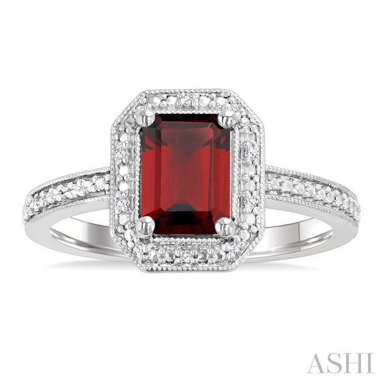 7X5 MM Octagon Shape Garnet and 1/50 Ctw Round Cut Diamond Semi-Precious Ring in Sterling Silver