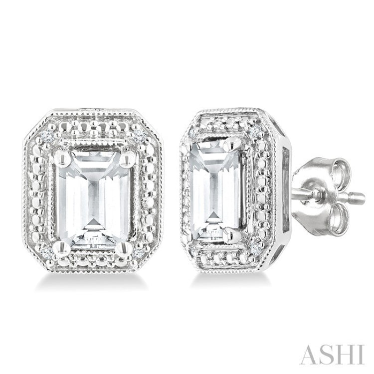 6X4 MM Octagon Shape White Topaz and 1/50 Ctw Round Cut Diamond Semi-Precious Earrings in Sterling Silver