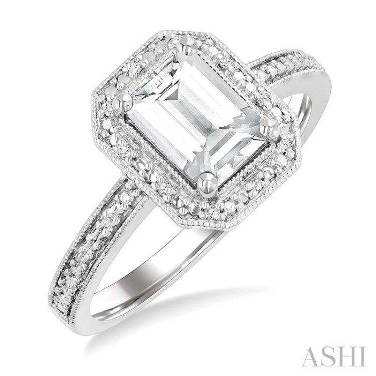 6X4 MM Octagon Shape White Topaz and 1/50 Ctw Round Cut Diamond Semi-Precious Ring in Sterling Silver