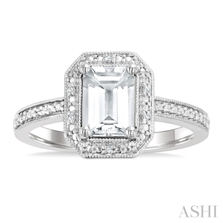 6X4 MM Octagon Shape White Topaz and 1/50 Ctw Round Cut Diamond Semi-Precious Ring in Sterling Silver