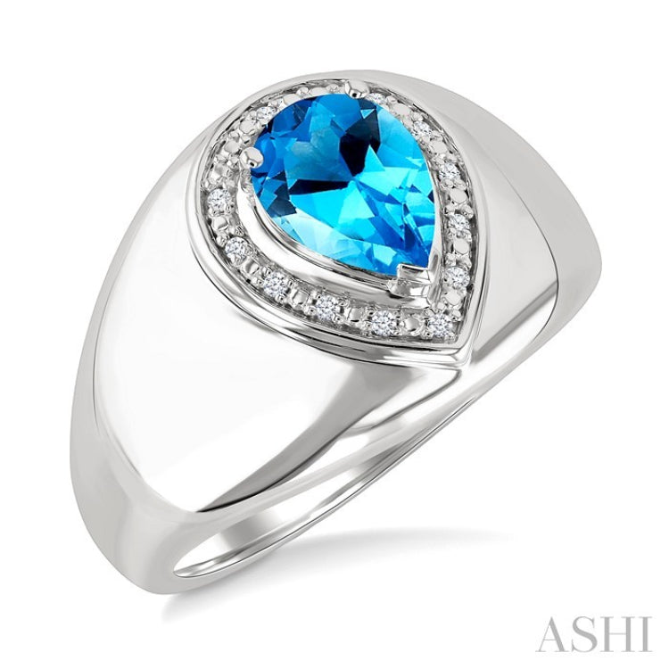 8X5MM Pear Cut Blue Topaz and 1/20 Ctw Round Cut Diamond Semi-Precious Bold Ring in Sterling Silver