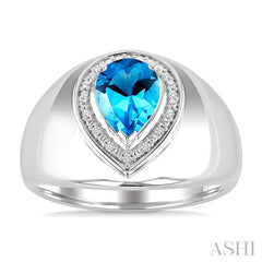 8X5MM Pear Cut Blue Topaz and 1/20 Ctw Round Cut Diamond Semi-Precious Bold Ring in Sterling Silver