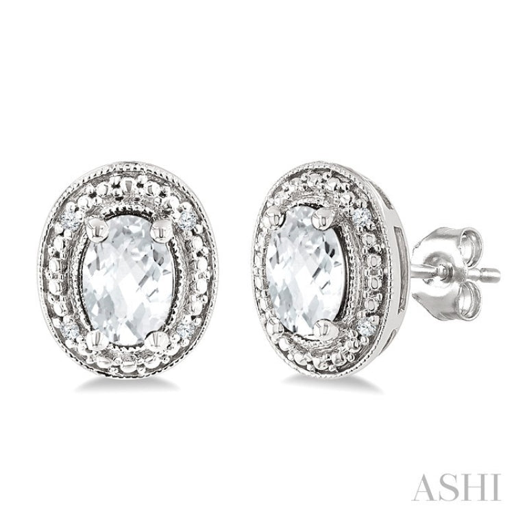 6X4 MM Oval Shape White Topaz and 1/50 Ctw Round Cut Diamond Semi-Precious Earrings in Sterling Silver