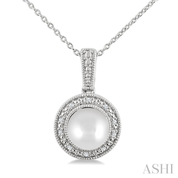7MM Cultured Pearl and 1/50 Ctw Round Cut Diamond Halo Pendant With Chain in Sterling Silver