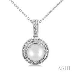 7MM Cultured Pearl and 1/50 Ctw Round Cut Diamond Halo Pendant With Chain in Sterling Silver