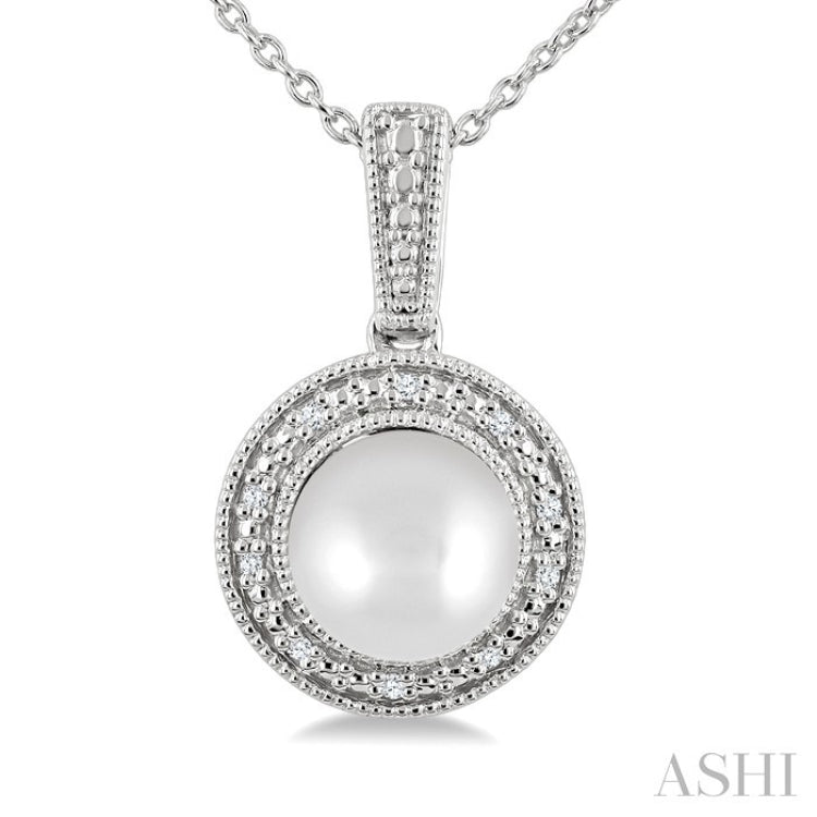 7MM Cultured Pearl and 1/50 Ctw Round Cut Diamond Halo Pendant With Chain in Sterling Silver