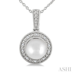 7MM Cultured Pearl and 1/50 Ctw Round Cut Diamond Halo Pendant With Chain in Sterling Silver