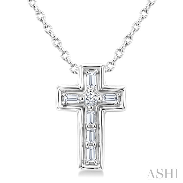 1/20 Ctw Baguette and Round Cut Diamond  Cross Shape Fashion Pendant With Chain in 10K White Gold