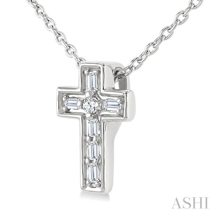 1/20 Ctw Baguette and Round Cut Diamond  Cross Shape Fashion Pendant With Chain in 10K White Gold