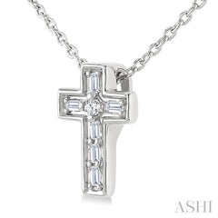 1/20 Ctw Baguette and Round Cut Diamond  Cross Shape Fashion Pendant With Chain in 10K White Gold