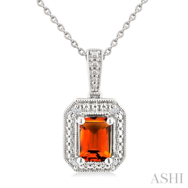 7X5 MM Octagon Shape Citrine and 1/50 Ctw Round Cut Diamond Semi-Precious Pendant With Chain in Sterling Silver