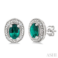 6X4 MM Oval Shape Lab-Created Emerald and 1/50 Ctw Round Cut Diamond Precious Earring in Sterling Silver