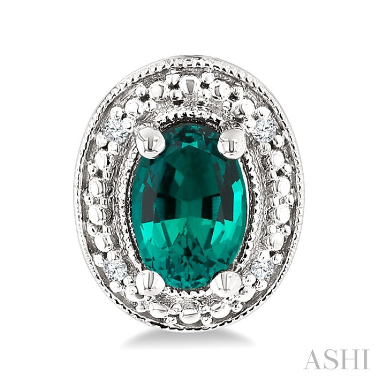 6X4 MM Oval Shape Lab-Created Emerald and 1/50 Ctw Round Cut Diamond Precious Earring in Sterling Silver