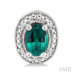6X4 MM Oval Shape Lab-Created Emerald and 1/50 Ctw Round Cut Diamond Precious Earring in Sterling Silver