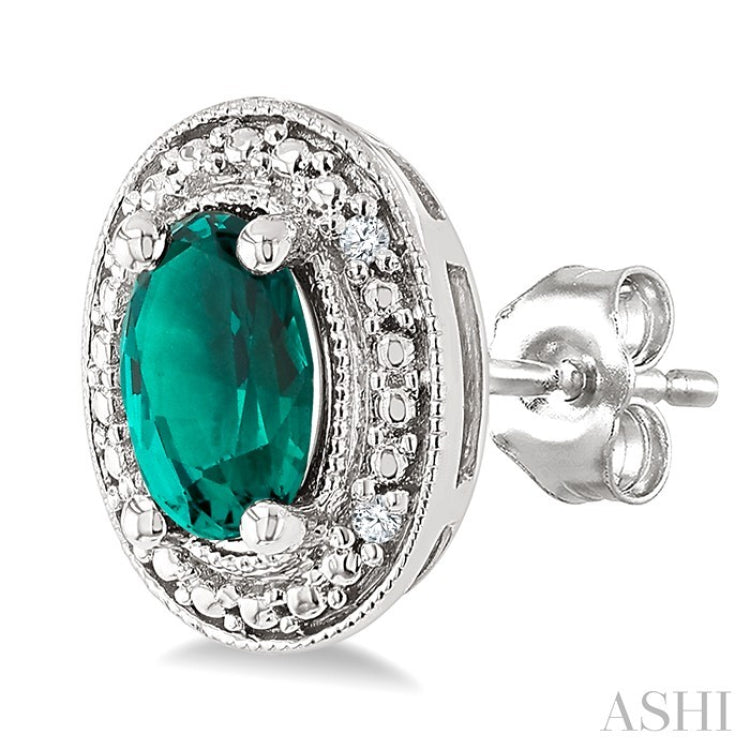 6X4 MM Oval Shape Lab-Created Emerald and 1/50 Ctw Round Cut Diamond Precious Earring in Sterling Silver