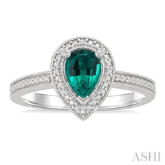 7X5 MM Pear Shape Lab-Created Emerald and 1/50 Ctw Round Cut Diamond Precious Ring in Sterling Silver