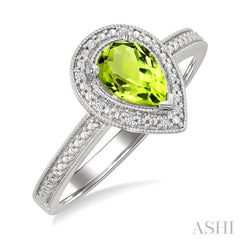 7X5 MM Pear Shape Peridot and 1/50 Ctw Round Cut Diamond Semi-Precious Ring in Sterling Silver