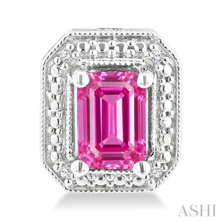 6X4 MM Octagon Shape Lab-Created Pink Sapphire and 1/50 Ctw Round Cut Diamond Precious Earrings in Sterling Silver