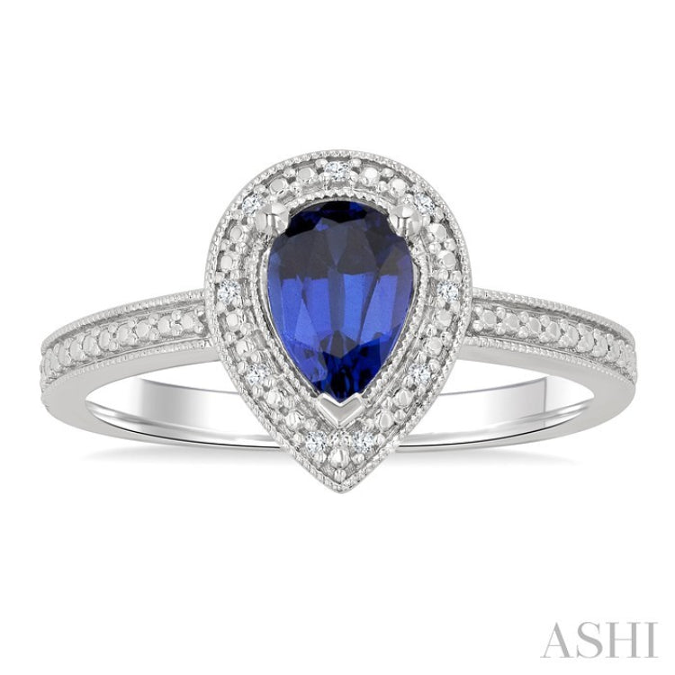 7X5 MM Pear Shape Lab-Created Sapphire and 1/50 Ctw Round Cut Diamond Precious Ring in Sterling Silver