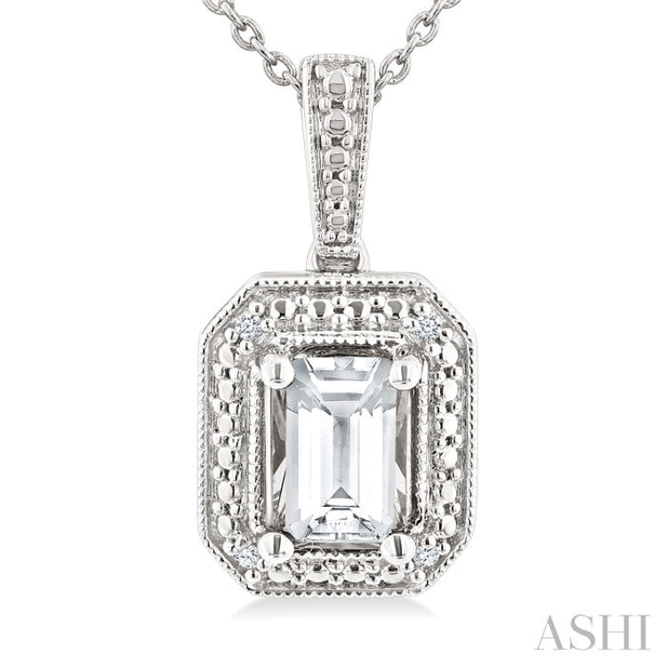 6X4 MM Octagon Shape White Topaz and 1/50 Ctw Round Cut Diamond Semi-Precious Pendant With Chain in Sterling Silver
