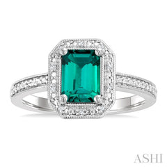 7X5 MM Octagon Shape Lab-Created Emerald and 1/50 Ctw Round Cut Diamond Precious Ring in Sterling Silver