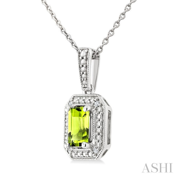 7X5 MM Octagon Shape Peridot and 1/50 Ctw Round Cut Diamond Semi-Precious Pendant With Chain in Sterling Silver