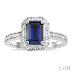 7X5 MM Octagon Shape Lab-Created Sapphire and 1/50 Ctw Round Cut Diamond Precious Ring in Sterling Silver