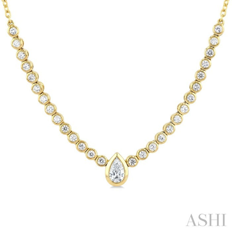 1/2 Ctw Halfway Bezel Set Pear and Round Cut Diamond Necklace in 14K Yellow Gold