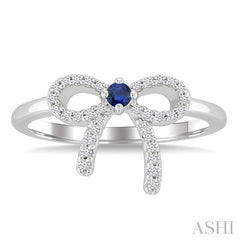 2.40 MM Round Shape Sapphire and 1/8 Ctw Round Cut Diamond Bow Petite Precious Fashion Ring in 10K White Gold