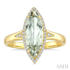16X7 MM Evoque Gemstone Marquise Shape Green Amethyst and 1/6 Ctw Round Cut Diamond Semi-Precious Ring in 10K Yellow Gold