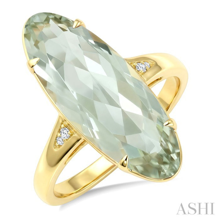 22X8 MM Evoque Gemstone Oval Shape Green Amethyst and 1/50 Ctw Round Cut Diamond Semi-Precious Ring in 14K Yellow Gold