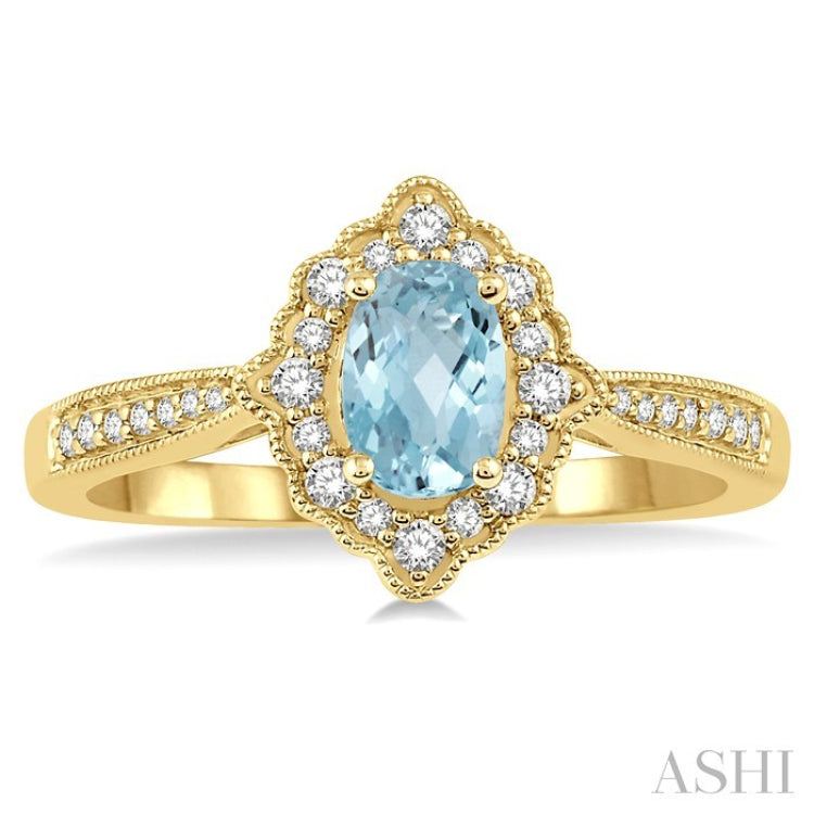 6x4 MM Oval Shape Aquamarine and 1/5 Ctw Round Cut Diamond Semi-Precious Ring in 10K Yellow Gold