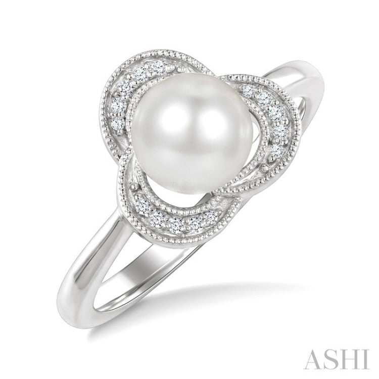 7 MM White Cultured Pearl and 1/20 Ctw Round Cut Diamond Fashion Ring in 10K White Gold