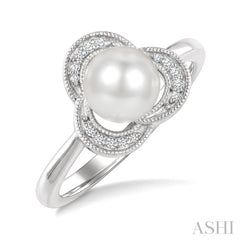 7 MM White Cultured Pearl and 1/20 Ctw Round Cut Diamond Fashion Ring in 10K White Gold