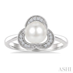 7 MM White Cultured Pearl and 1/20 Ctw Round Cut Diamond Fashion Ring in 10K White Gold