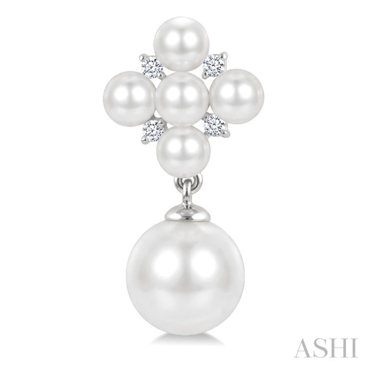 3MM & 7MM White Cultured Pearl and 1/10 Ctw Round Cut Diamond Fashion Earrings in 10K White Gold