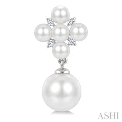 3MM & 7MM White Cultured Pearl and 1/10 Ctw Round Cut Diamond Fashion Earrings in 10K White Gold