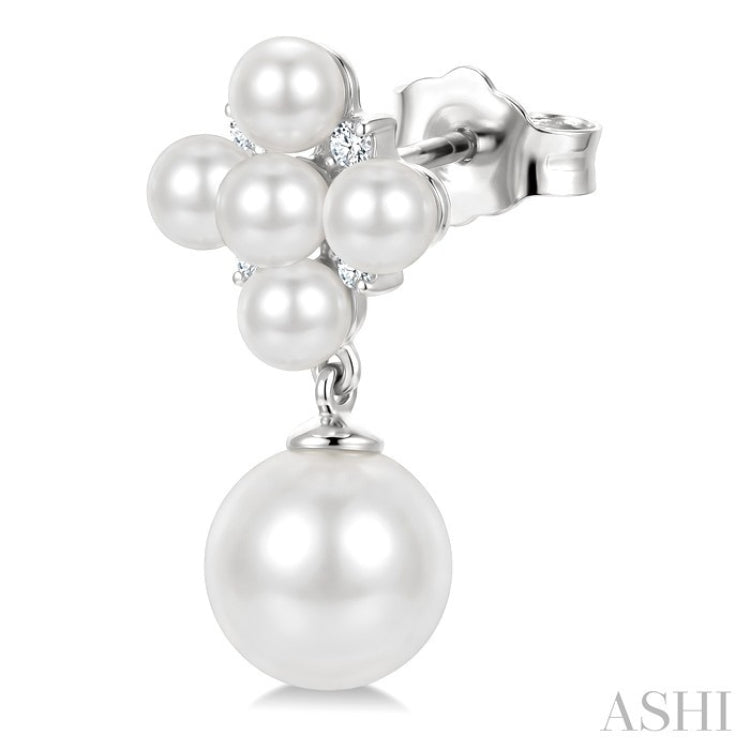 3MM & 7MM White Cultured Pearl and 1/10 Ctw Round Cut Diamond Fashion Earrings in 10K White Gold