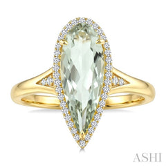 16X6 MM Evoque Gemstone Pear Shape Green Amethyst and 1/6 Ctw Round Cut Diamond Semi-Precious Ring in 10K Yellow Gold