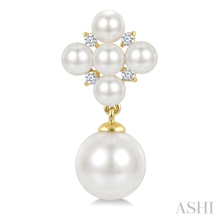 3MM & 7MM White Cultured Pearl and 1/10 Ctw Round Cut Diamond Fashion Earrings in 10K Yellow Gold