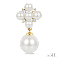 3MM & 7MM White Cultured Pearl and 1/10 Ctw Round Cut Diamond Fashion Earrings in 10K Yellow Gold