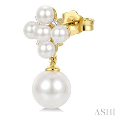 3MM & 7MM White Cultured Pearl and 1/10 Ctw Round Cut Diamond Fashion Earrings in 10K Yellow Gold