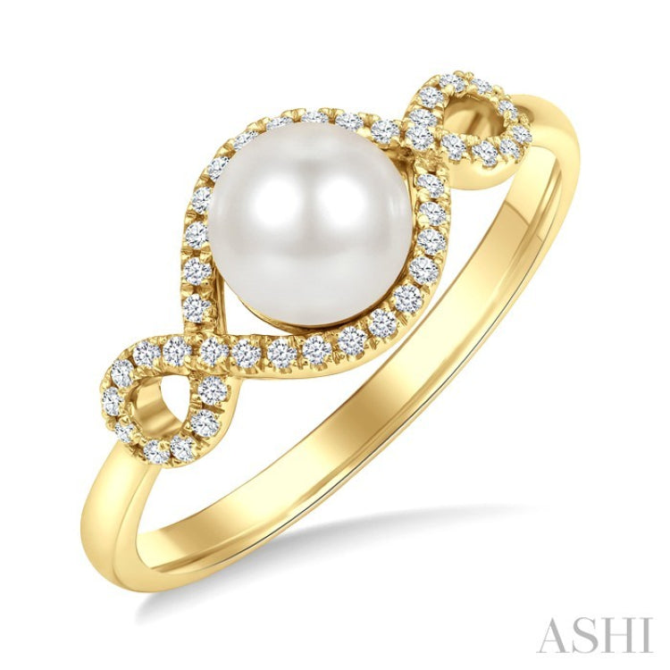 6 MM Cultured Pearl and 1/6 Ctw Round Cut Diamond  Petite Halo Ring in 10K Yellow Gold