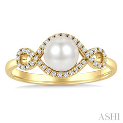6 MM Cultured Pearl and 1/6 Ctw Round Cut Diamond  Petite Halo Ring in 10K Yellow Gold